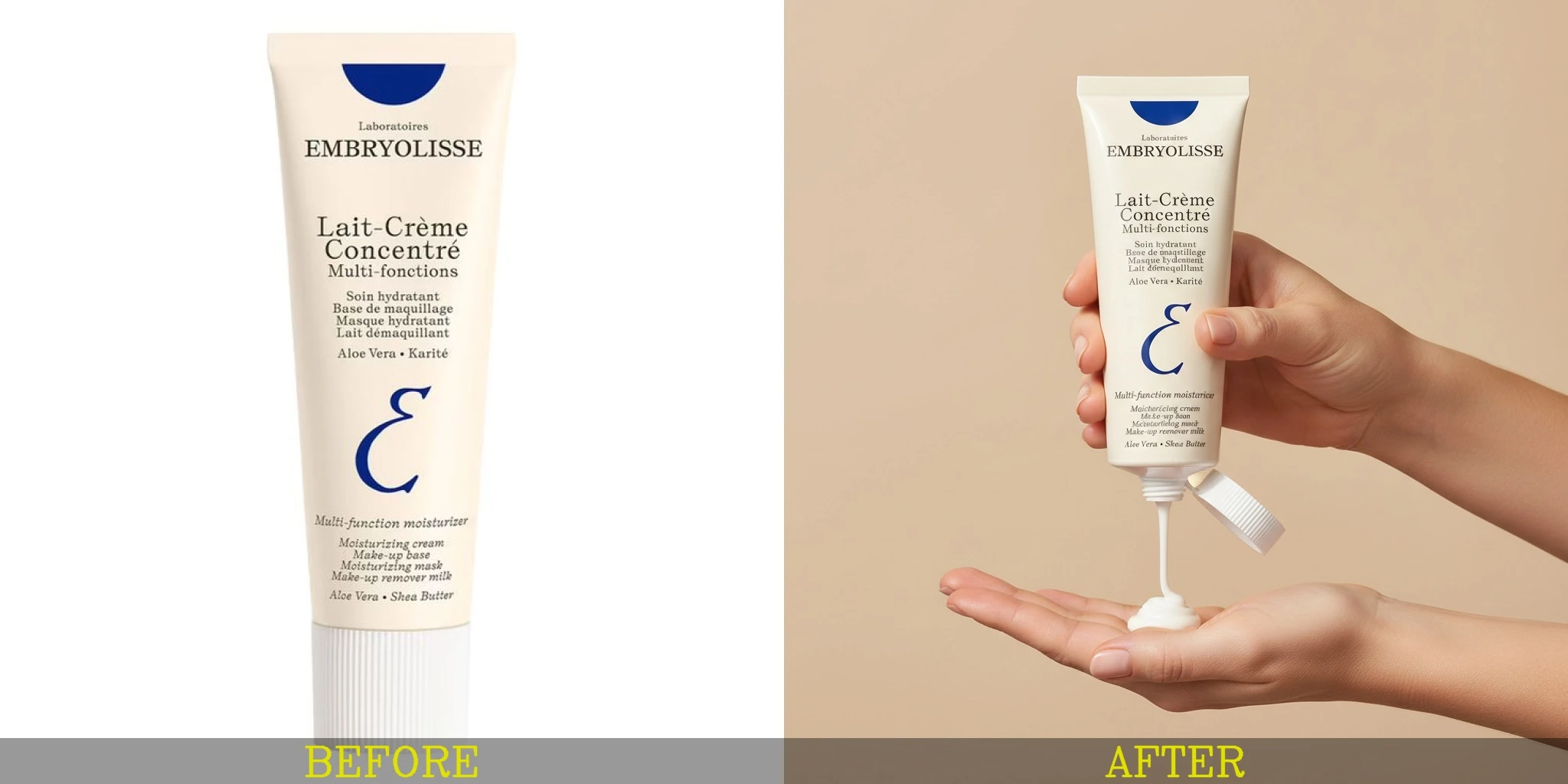 Before and after of a plain skincare product transformed into a luxury beauty advertisement.