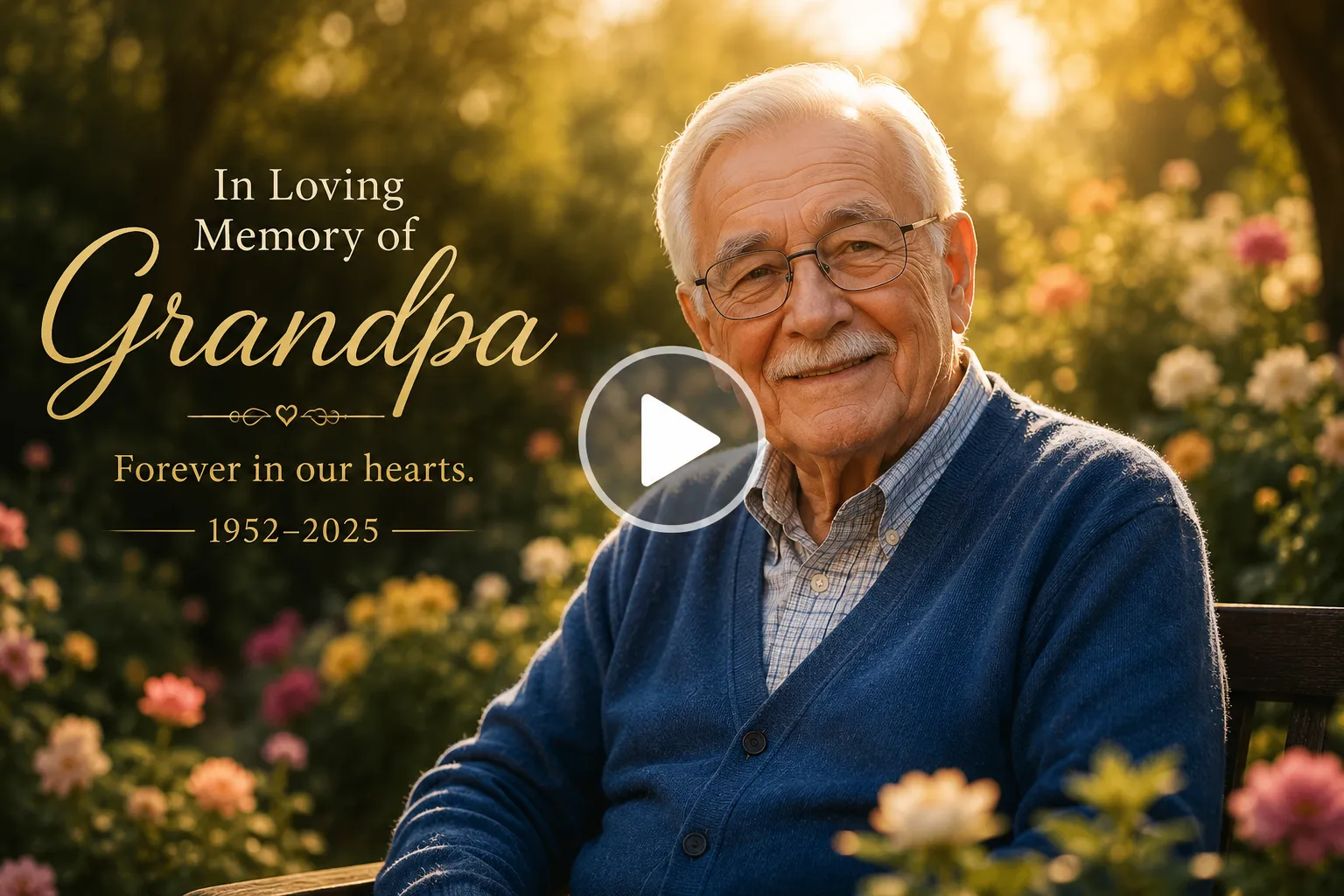 Video frame screenshot of Elderly grandfather smiling in a peaceful flower garden.
