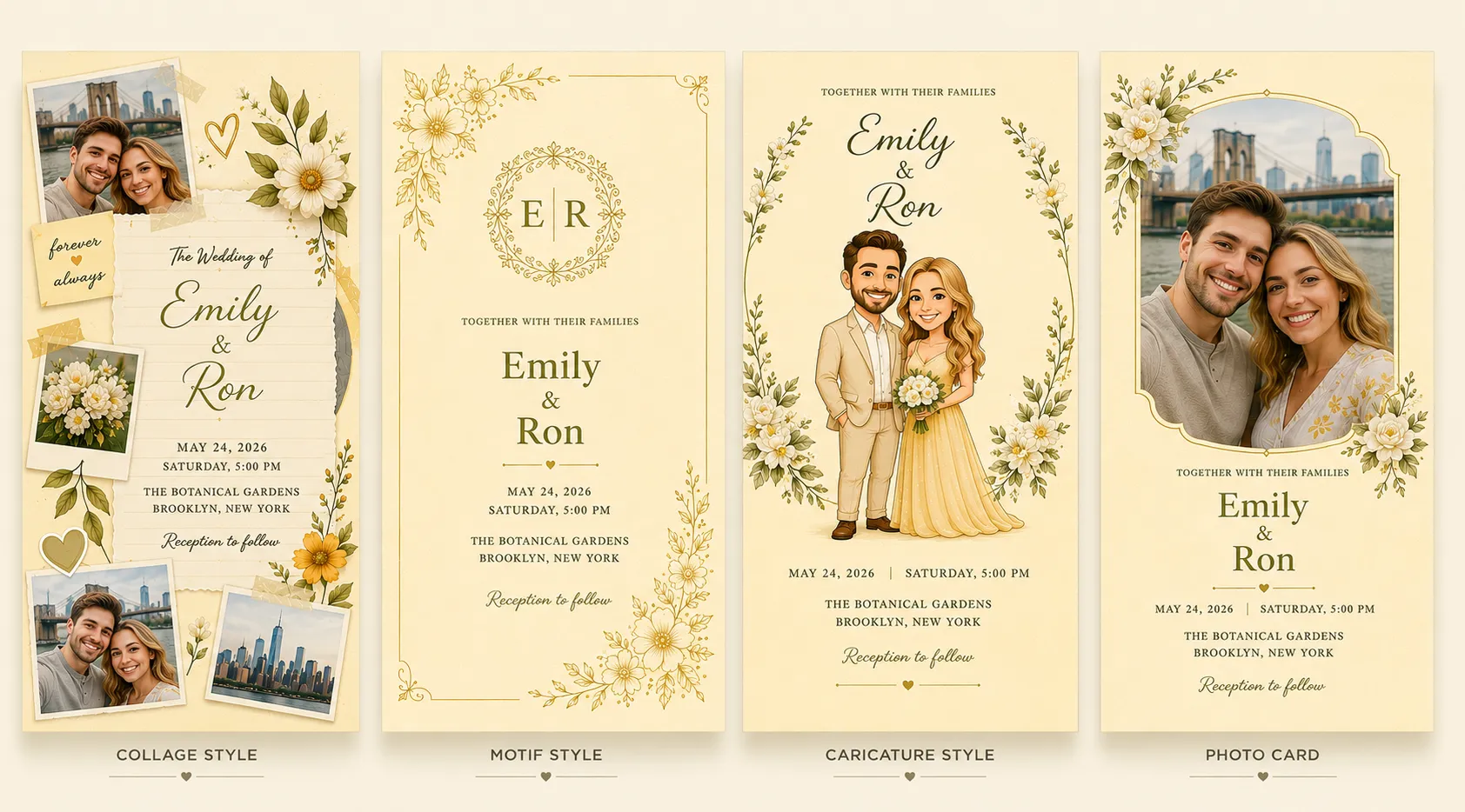 Four butter-yellow wedding invitation designs showing collage, motif, caricature, and photo card styles.