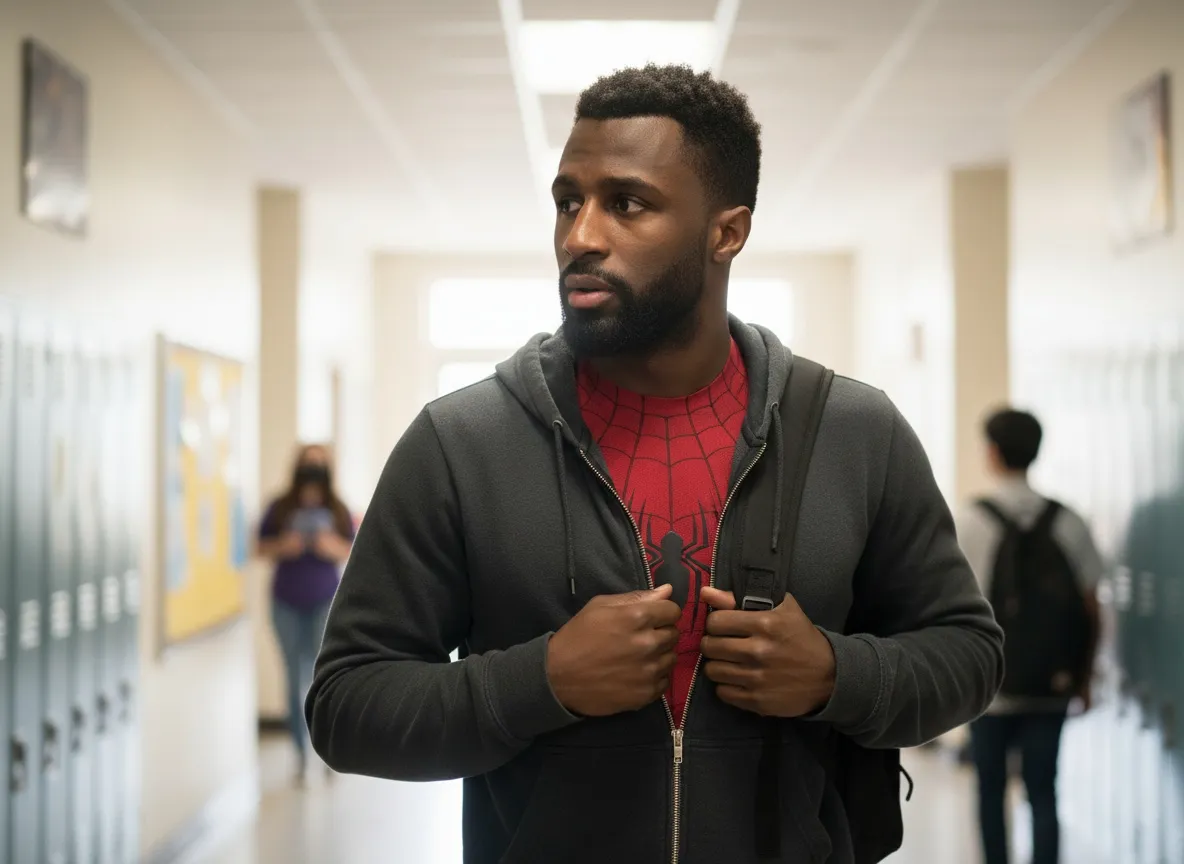 Student revealing a Spider-Man suit under a hoodie while walking with a backpack.