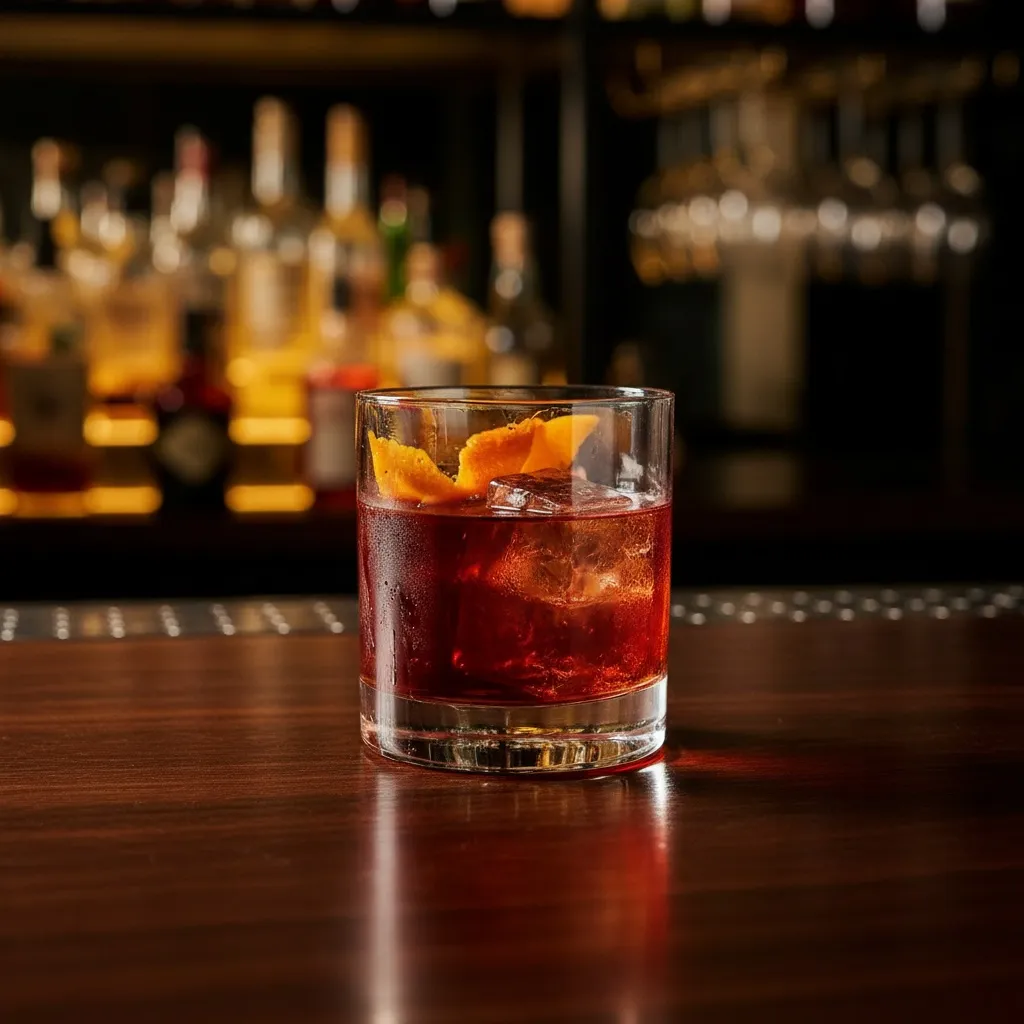A premium cocktail on a polished bar counter with warm amber lighting and blurred bottles behind.