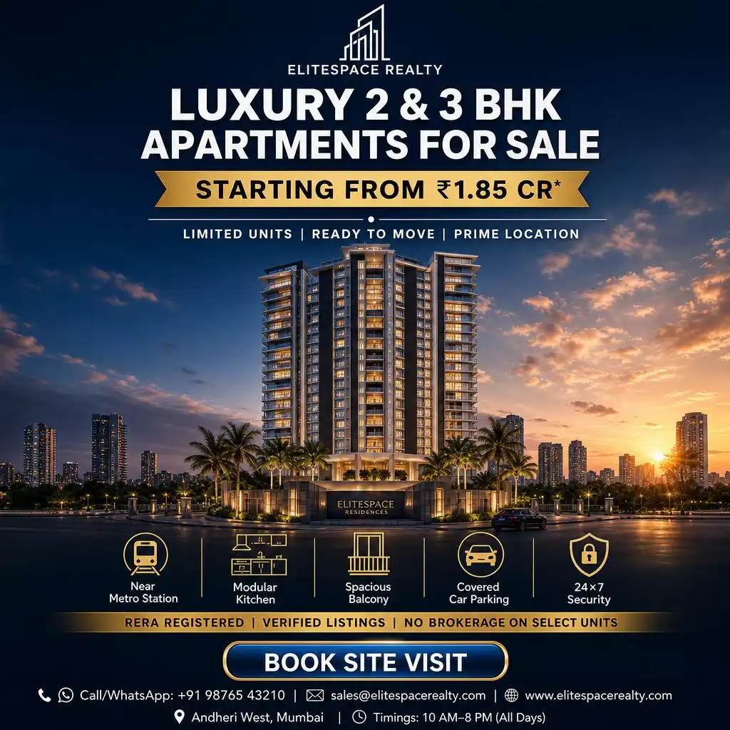 Luxury apartment listing flyer showcasing a high-rise residential tower with amenities and booking information.