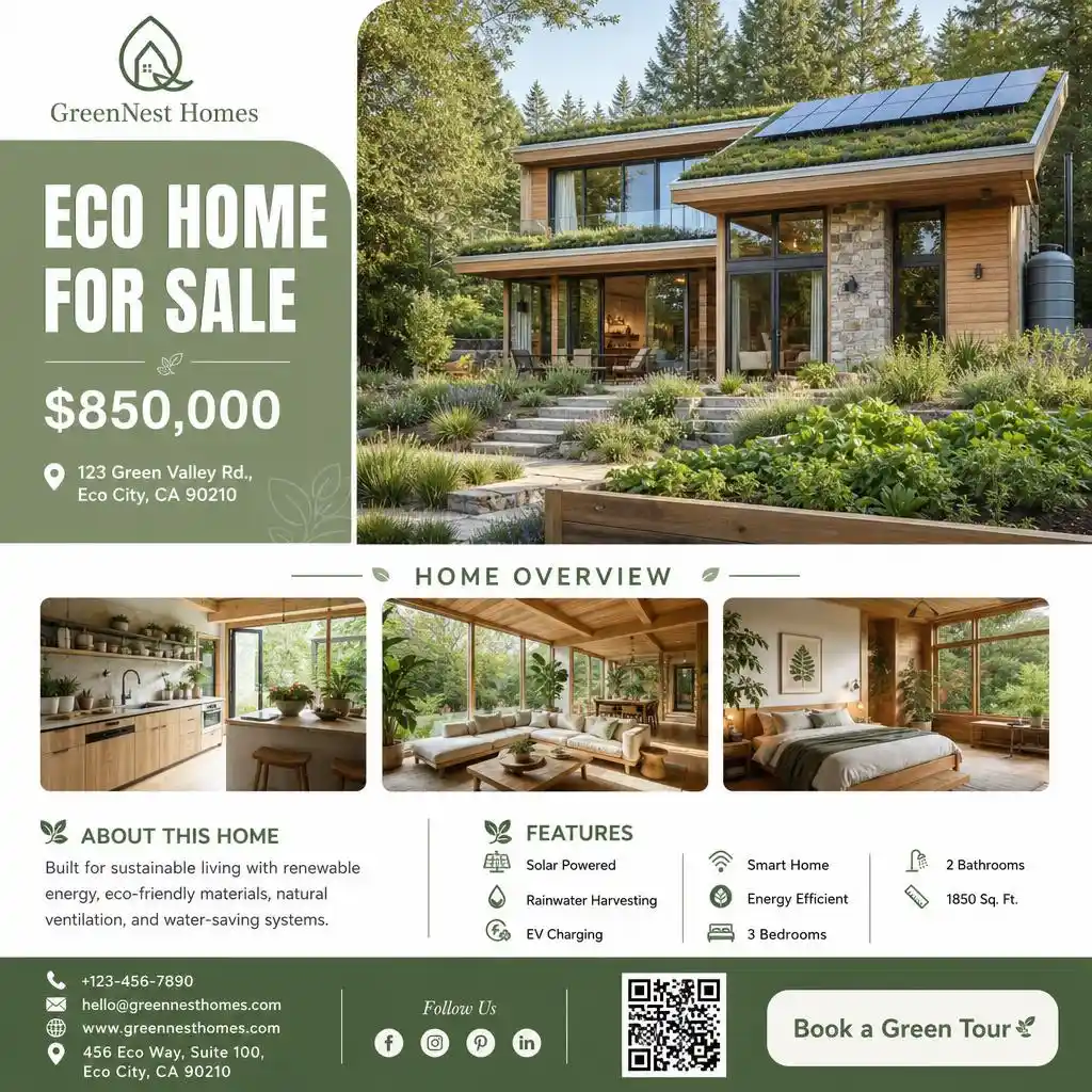 Eco-friendly home flyer showcasing a sustainable house with green features and energy-efficient amenities.