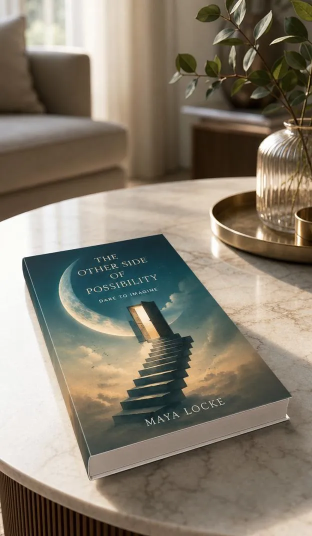 Book lying flat on a modern coffee table in a softly blurred living-room setting.