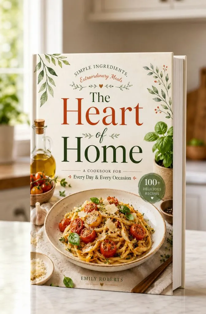 Hardcover cookbook standing on a kitchen counter with a softly blurred kitchen in the background.