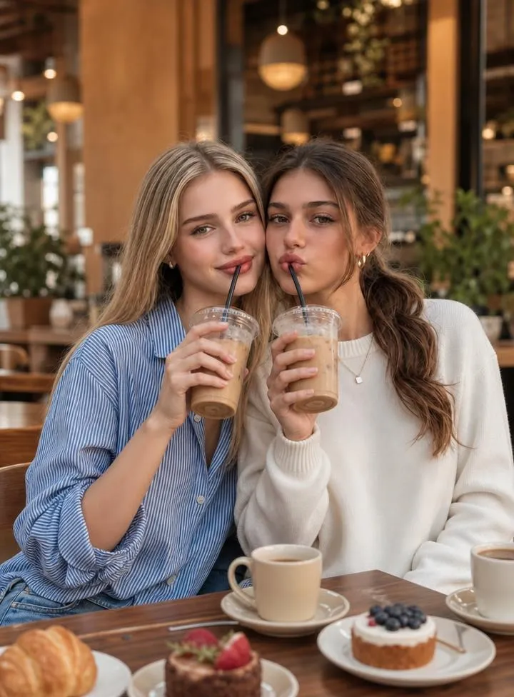 Two best friends enjoying iced coffee together at a cozy café with warm lighting and pastries on the table.