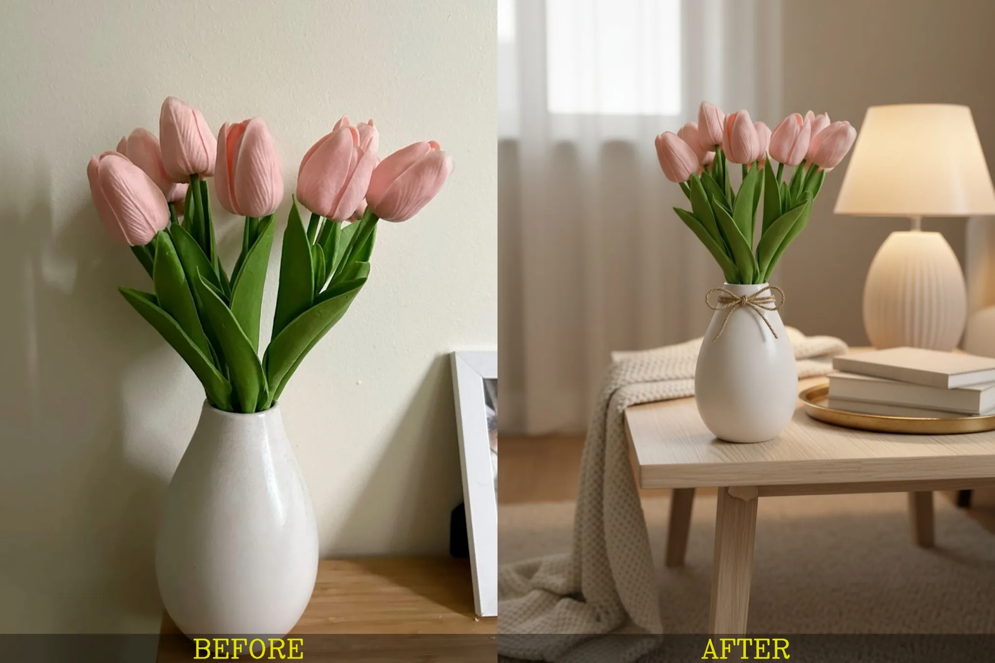Before and after of a plain ceramic vase transformed into a cozy home décor advertisement.