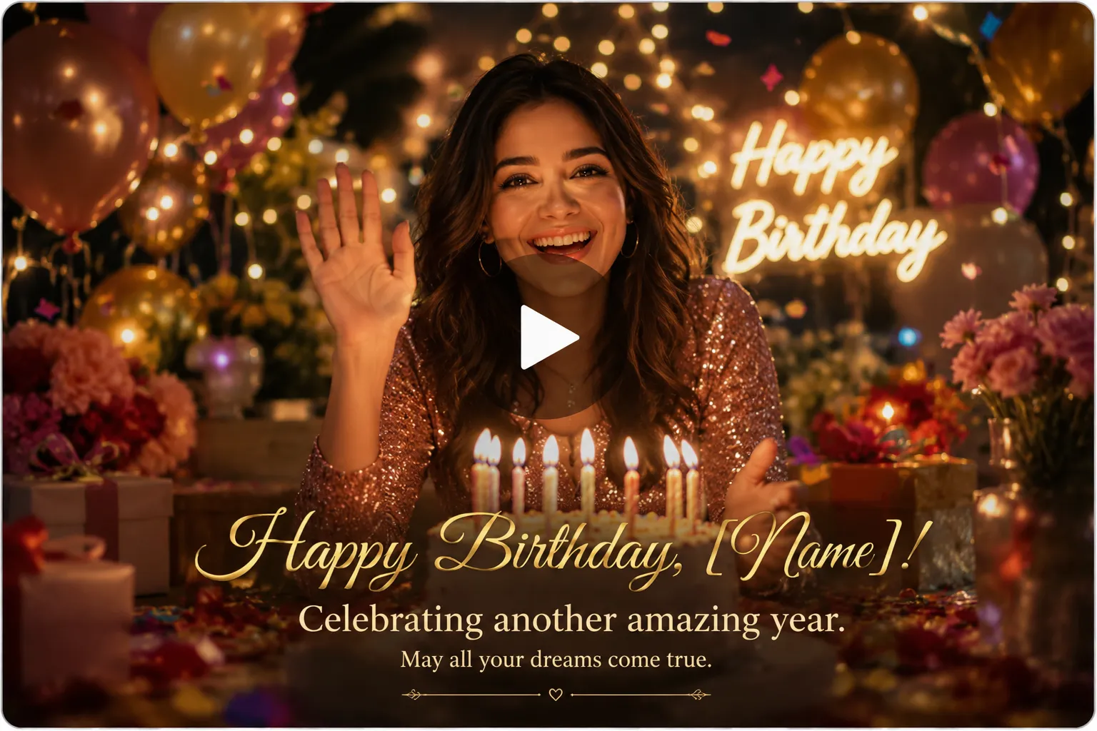 Video frame screenshot of Person celebrating a birthday with cake and balloons.