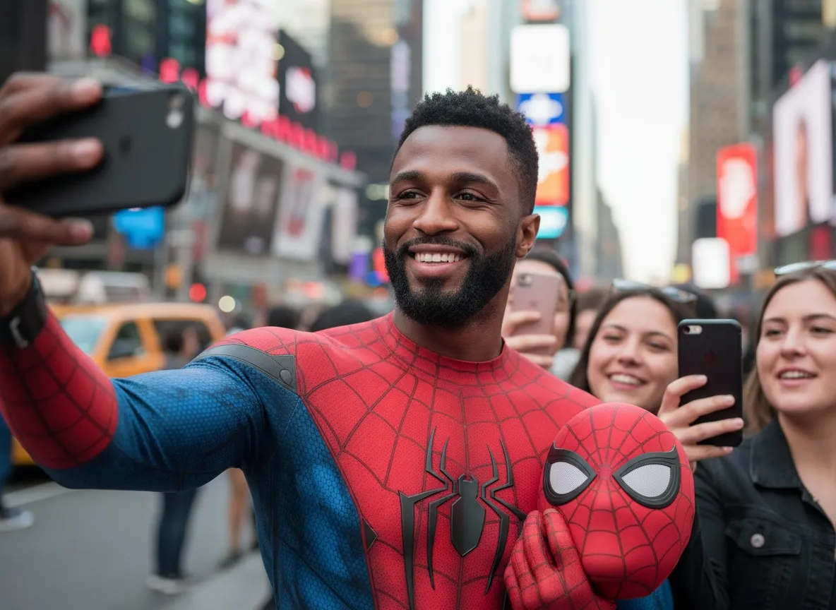 Spider-Man character taking selfies with excited fans in Times Square.