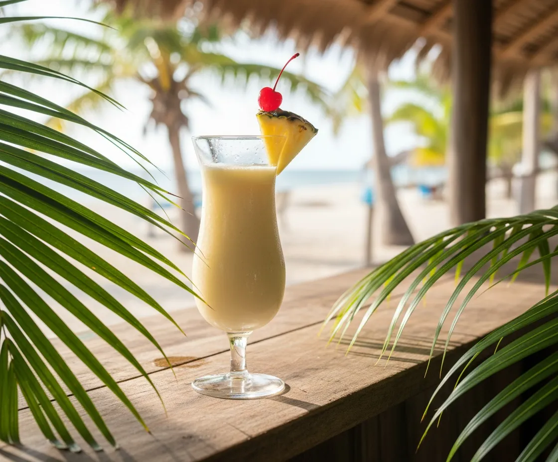 A refreshing tropical drink on a rustic beach shack counter surrounded by softly blurred palm leaves.