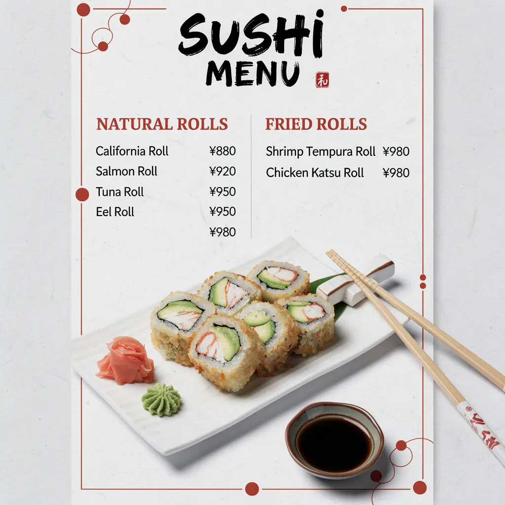 Modern Japanese sushi menu with sushi rolls, chopsticks, and minimalist red-and-white design.