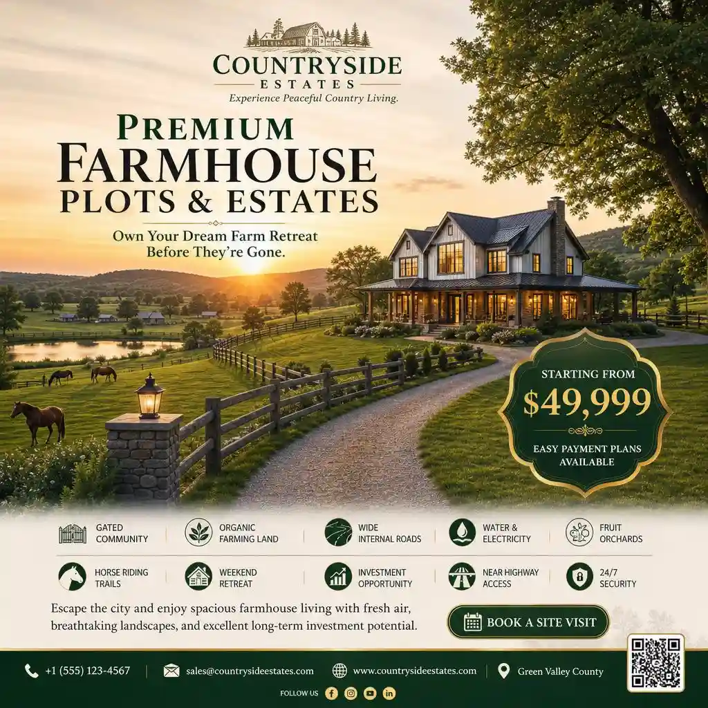 Farmhouse and countryside estate flyer showcasing scenic rural properties with investment opportunities.