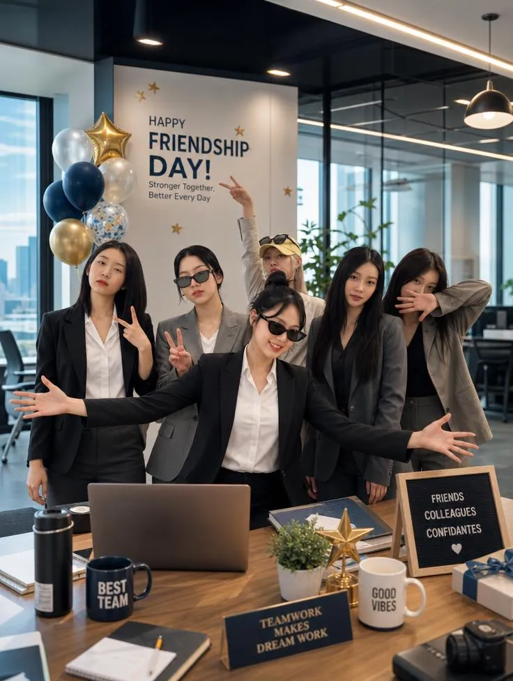 Office friends celebrating together in a modern workplace with laptops, coffee mugs, and festive decorations.
