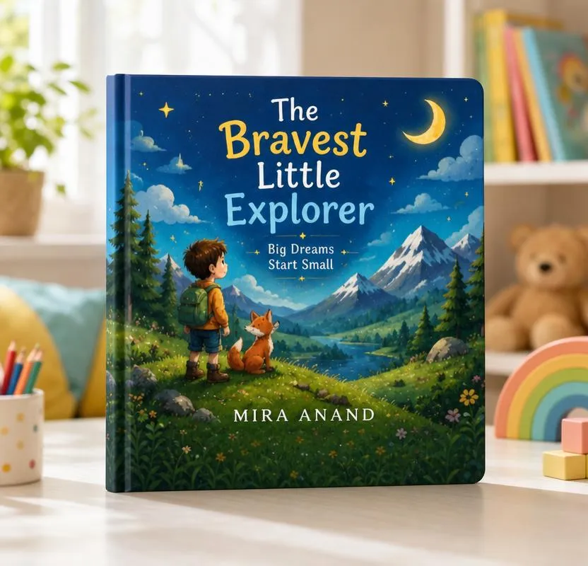 Hardcover children's book standing in a bright, cheerful setting with a softly blurred playful background.