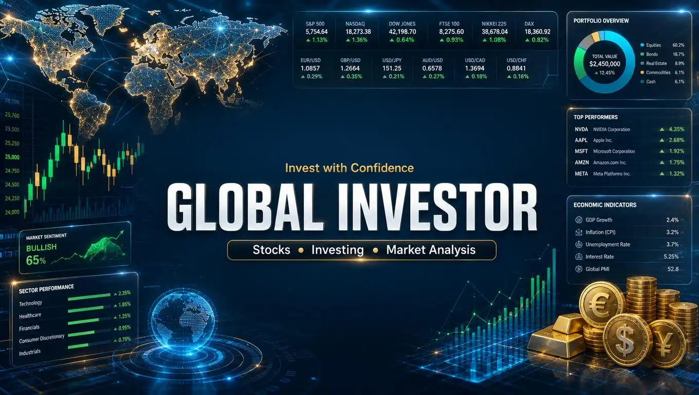 Stock market dashboard with financial graphs, charts, and global market visuals.