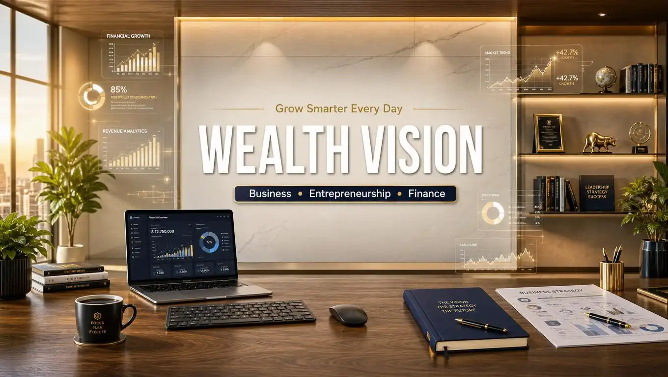 Modern business workspace with financial charts, laptop, and city skyline.