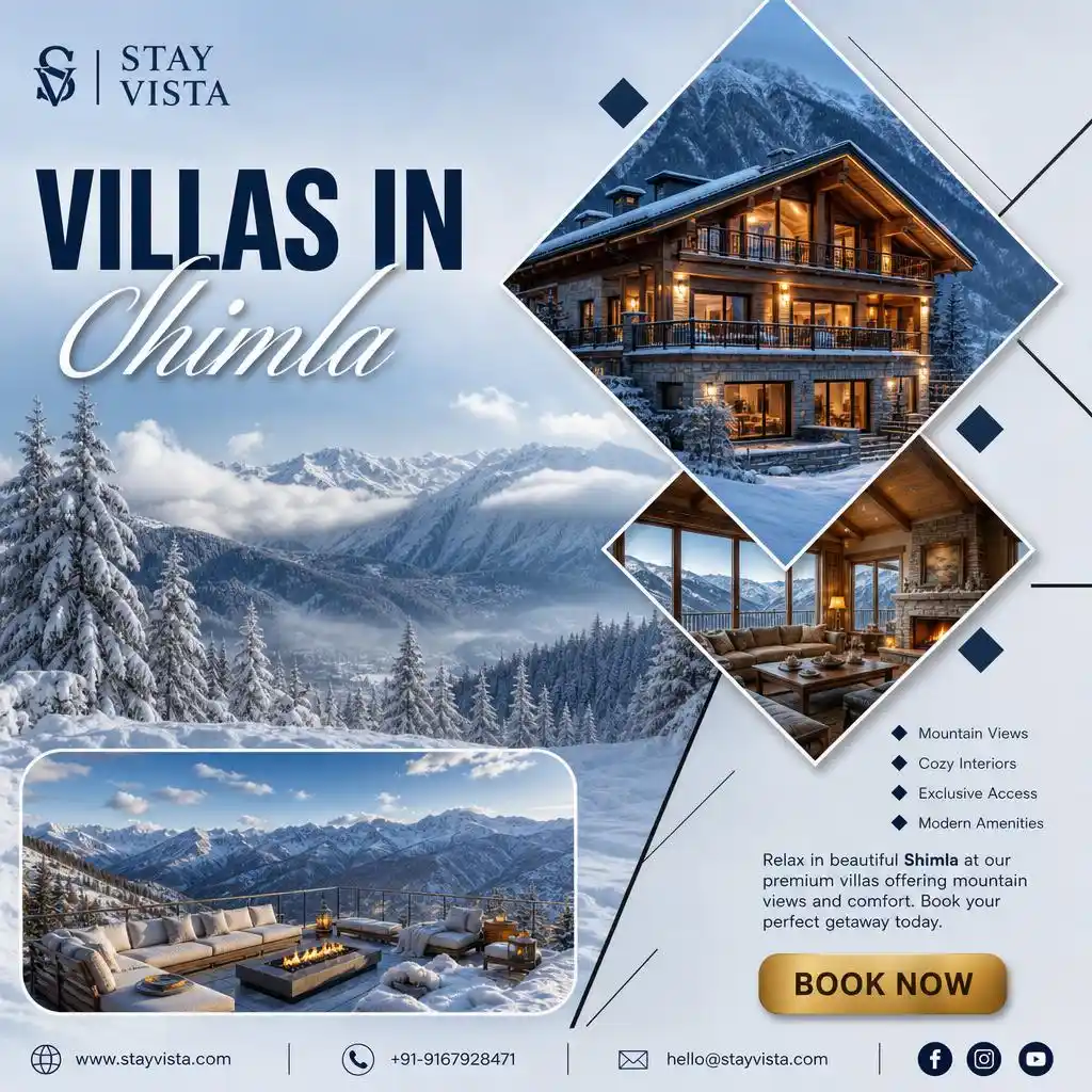 Mountain cabin retreat flyer showcasing a cozy luxury villa surrounded by snowy mountain landscapes.