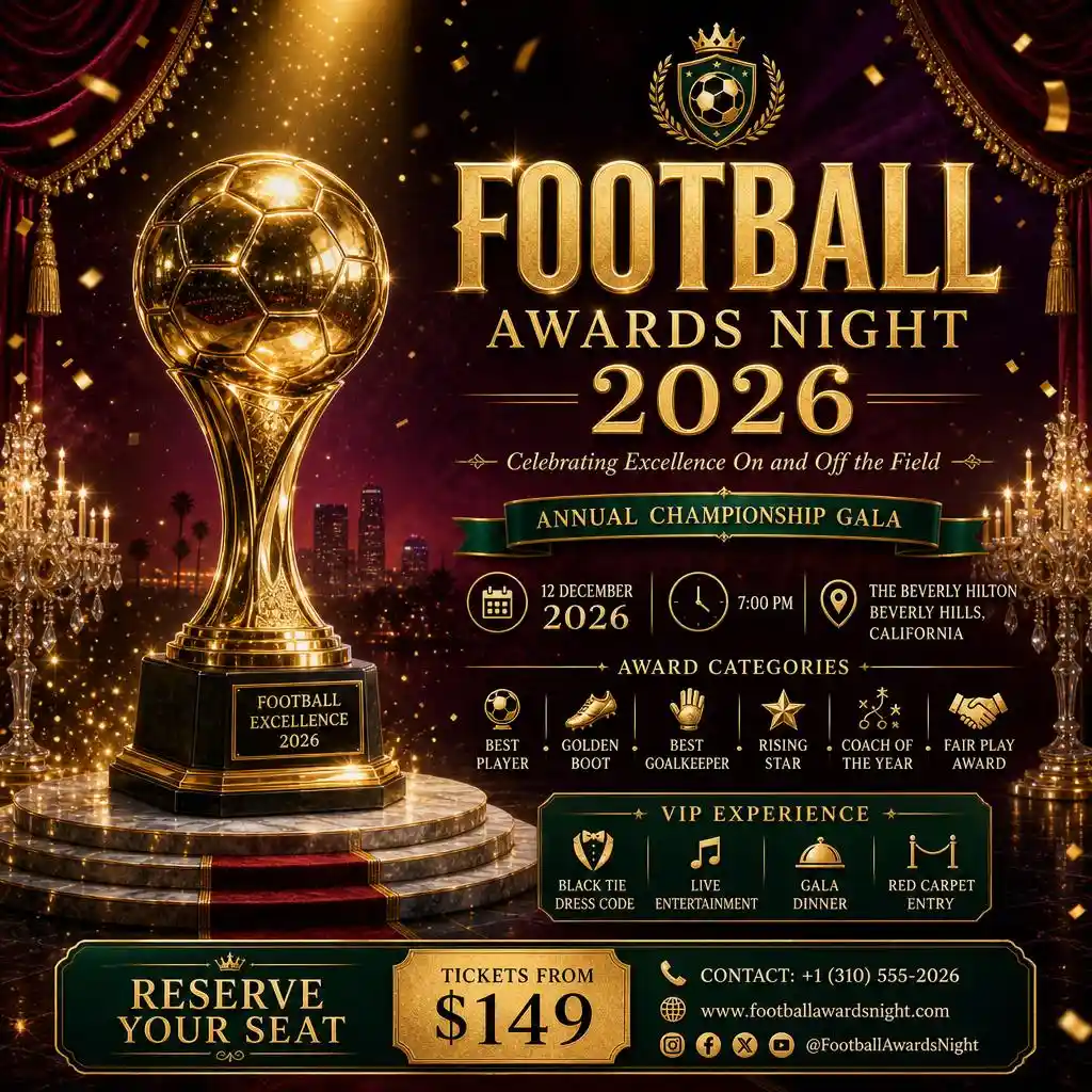 Luxury football awards night poster with a golden trophy and stage.