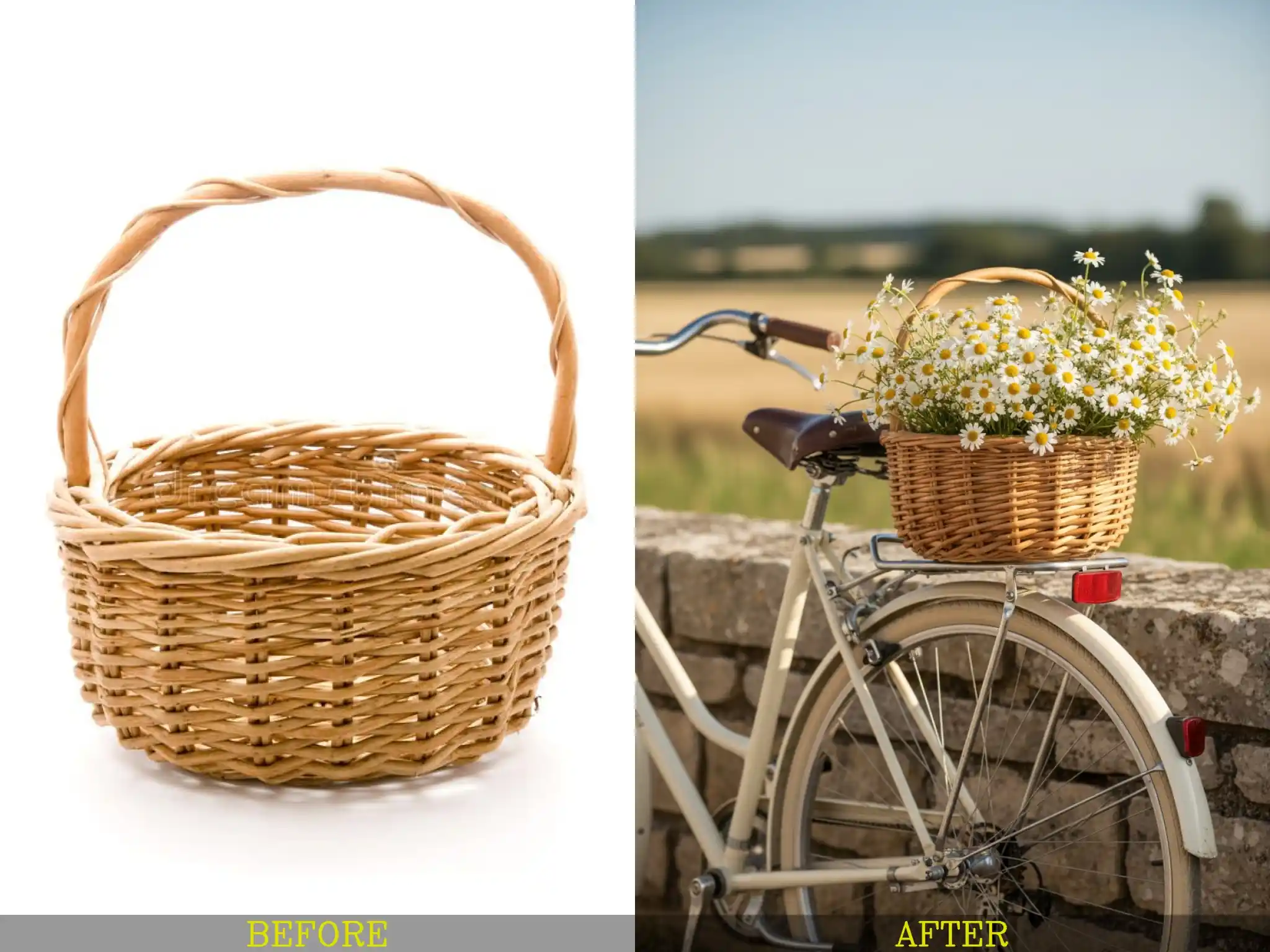 Before and after of a plain basket transformed into an outdoor lifestyle advertisement.