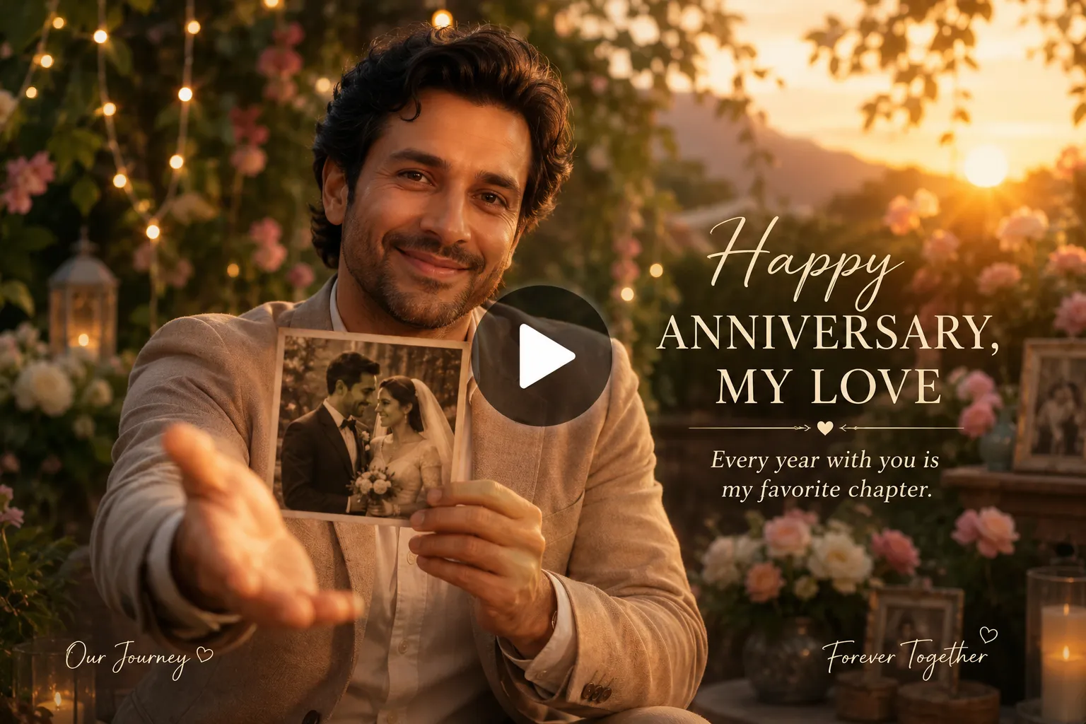 Video frame screenshot of Couple enjoying a romantic wedding anniversary in a garden.
