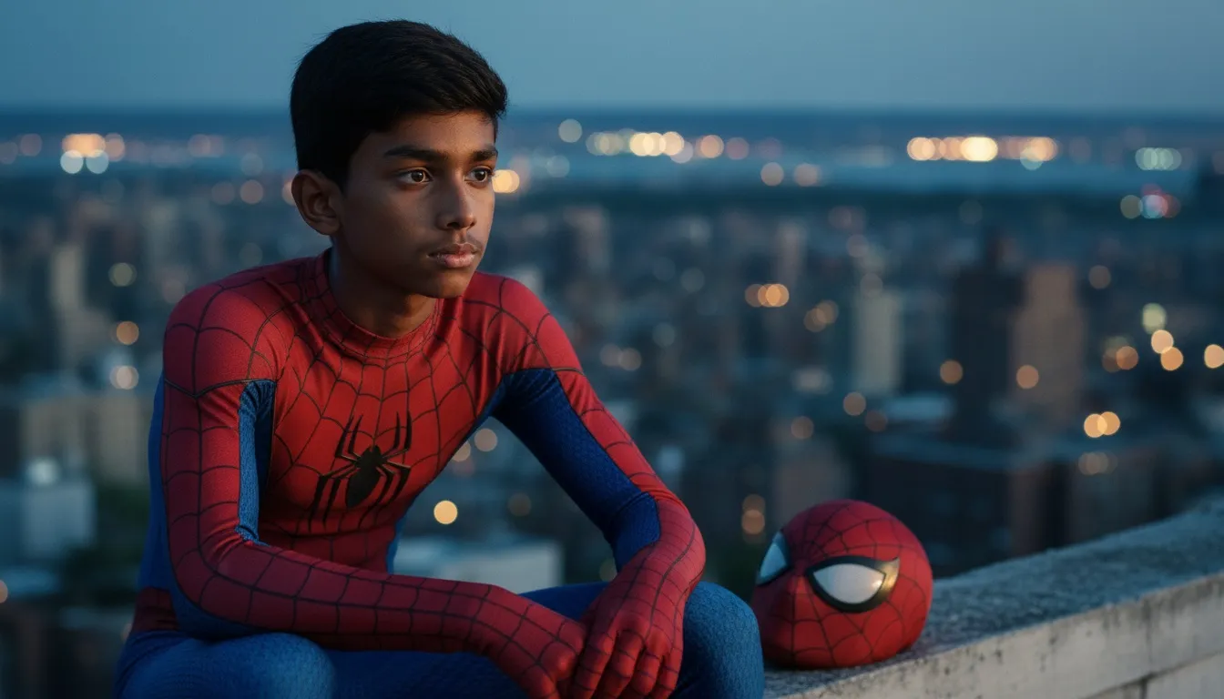 Spider-Man sitting on a rooftop overlooking New York with a reflective expression.
