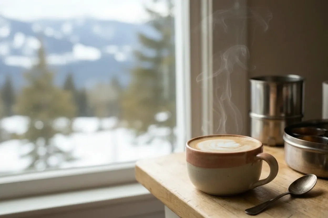 A steaming coffee mug on a wooden table overlooking blurred snowy mountains through a cabin window.