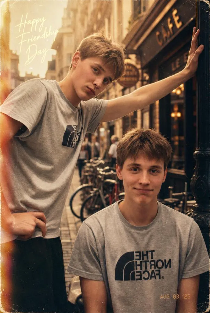 A vintage film-style friendship selfie with warm tones, subtle grain, and a nostalgic city street backdrop.