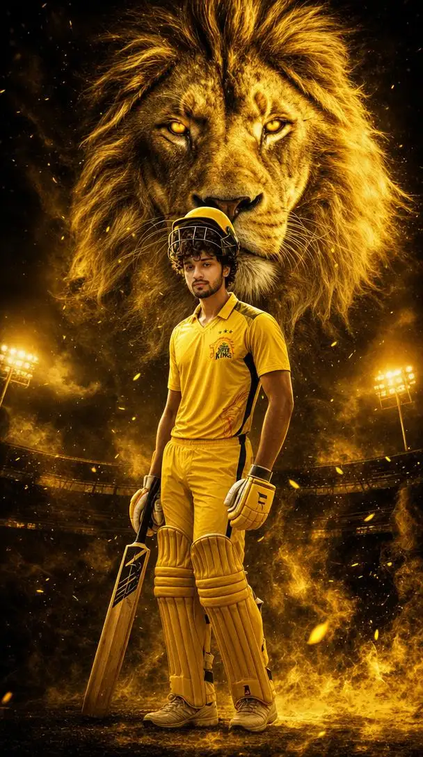 Cinematic cricket poster with golden lion and yellow jersey.