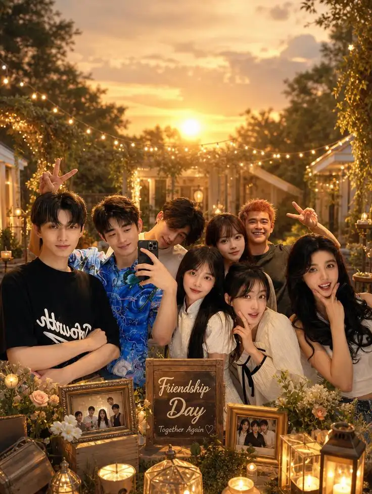 A group of old friends reuniting in a decorated garden filled with fairy lights and warm sunset colors.