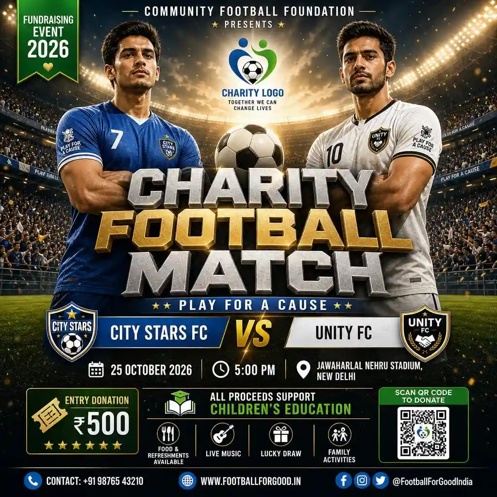 Charity football match poster featuring two players in a floodlit stadium.