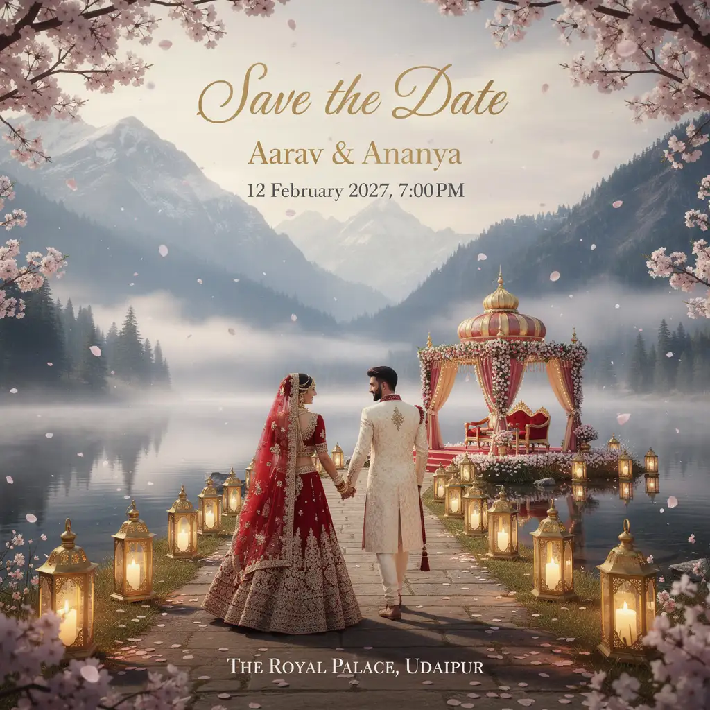 Royal Indian AI save-the-date wedding invitation with a floral mandap, mountain lake backdrop, and elegant wedding details.