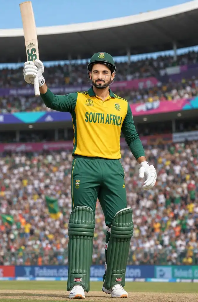 Personalized South African cricket batter celebrating a century with raised bat in a daytime stadium.