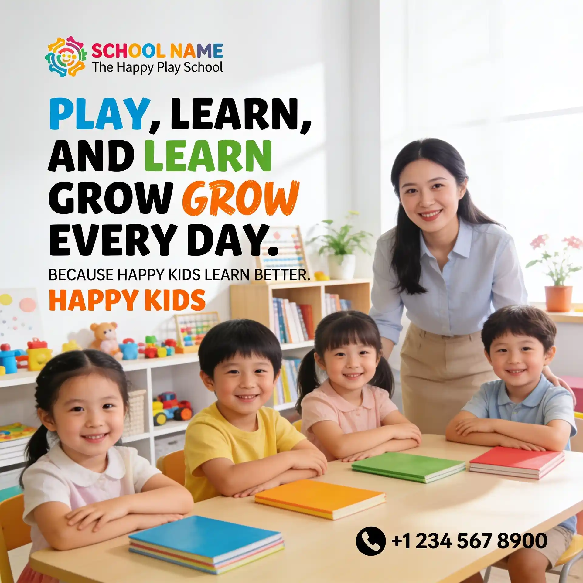 Colorful preschool admission poster with happy children.