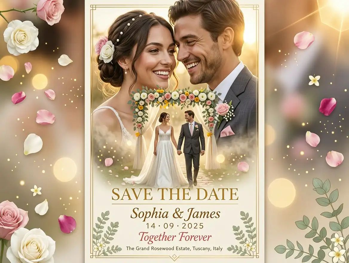 Double exposure wedding poster featuring a romantic couple and a floral wedding mandap.