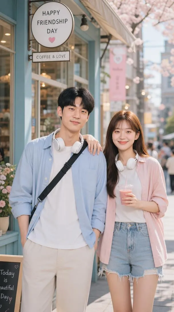 A stylish Korean-inspired friendship selfie on a pastel city street with modern fashion and soft lighting.