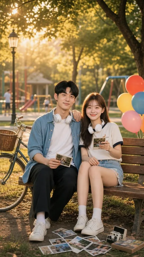 A boy and girl best friend standing in a nostalgic park with childhood photos, balloons, and a playground.