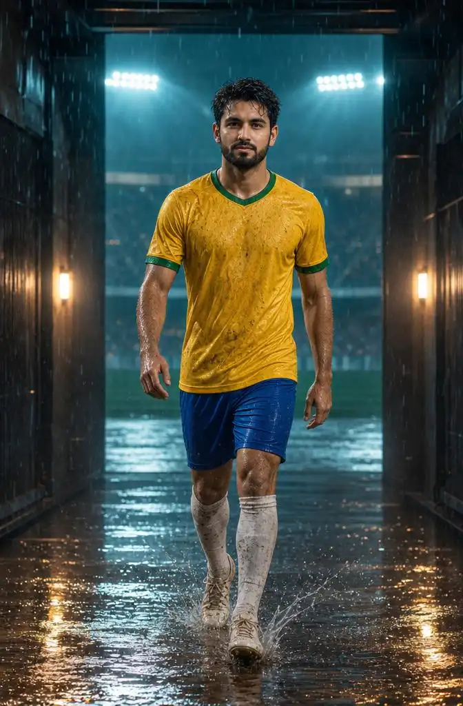 Cinematic football player walking through a rain-soaked stadium tunnel.