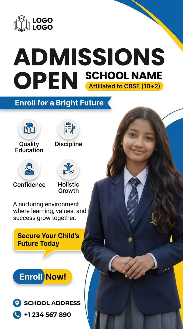 School admission poster with student photo replacement.