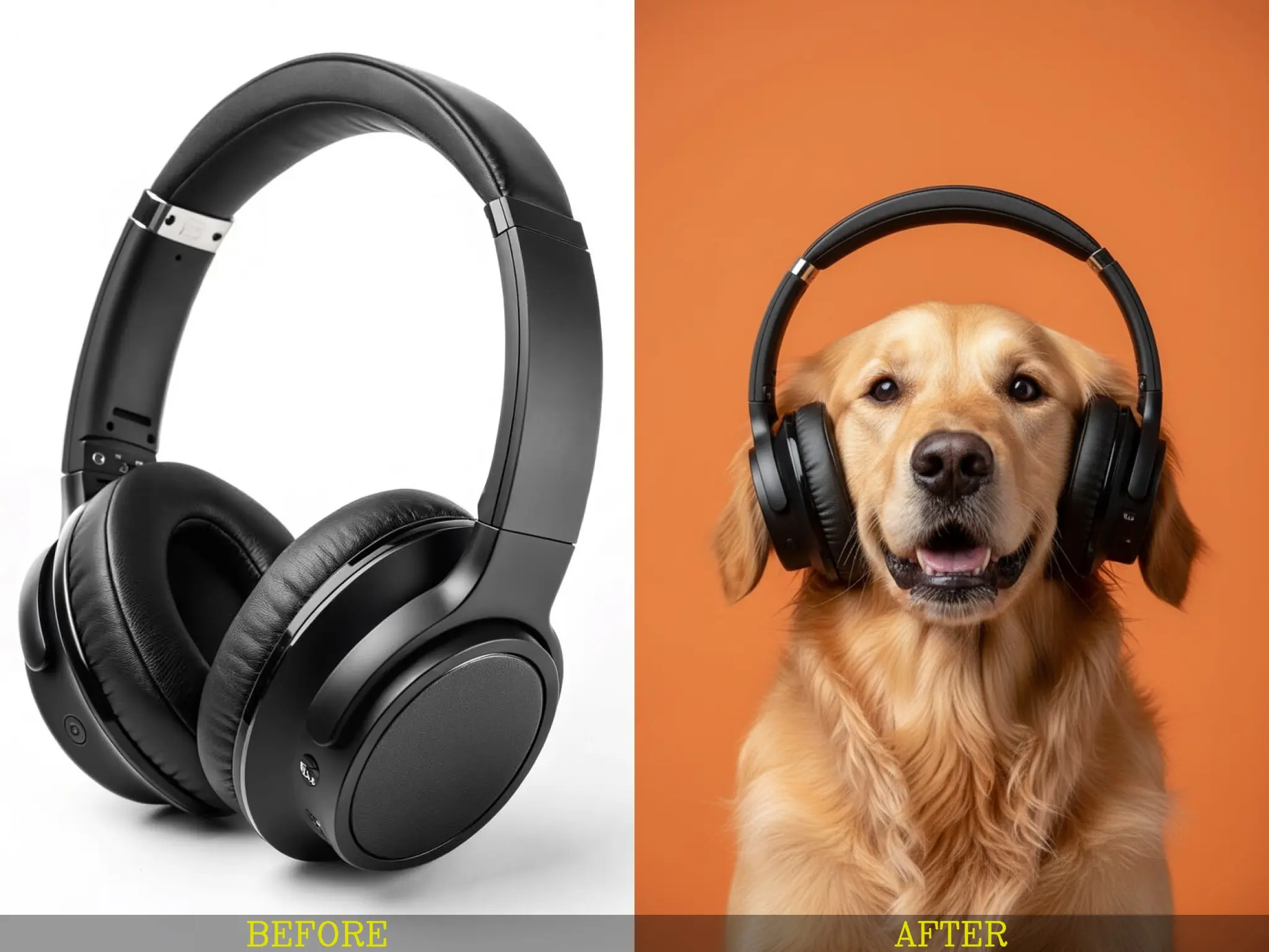 Before and after of plain headphones transformed into a creative pet product advertisement.