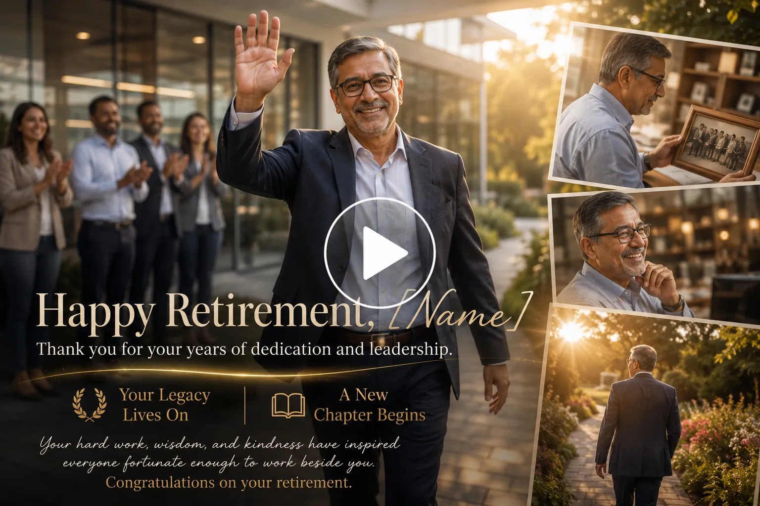 Video frame screenshot of Retiree smiling after a successful career celebration.