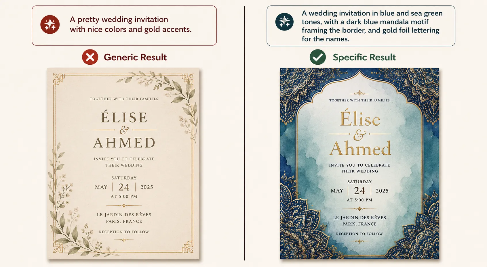 Side-by-side comparison of a generic wedding invitation prompt and a detailed prompt, showing how specific color, motif, and typography instructions create a richer and more visually distinctive invitation.