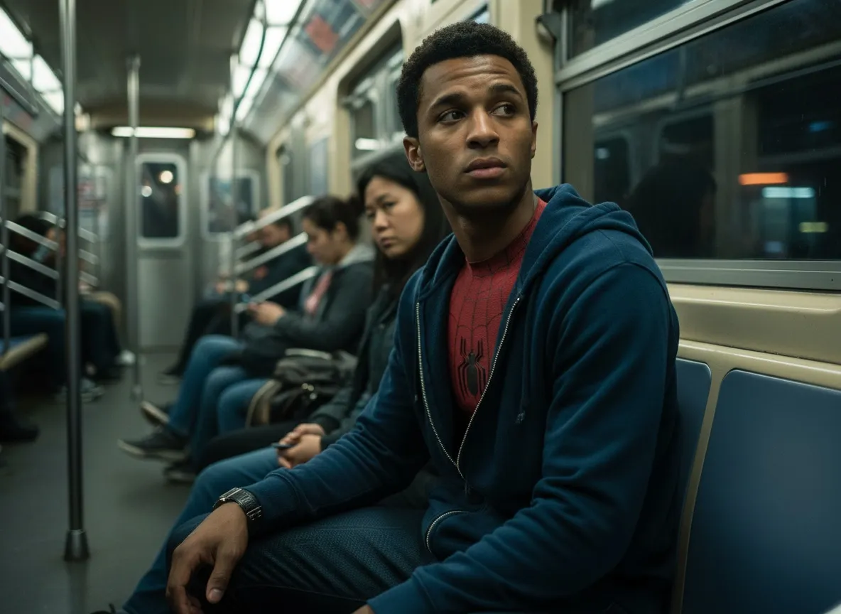 Peter Parker-inspired character sitting in a subway with a hidden Spider-Man suit.