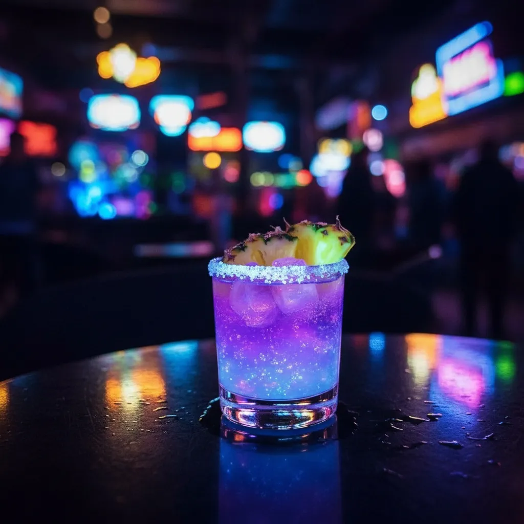 A vibrant beverage on a glossy café table with colorful neon lights blurred in the background.
