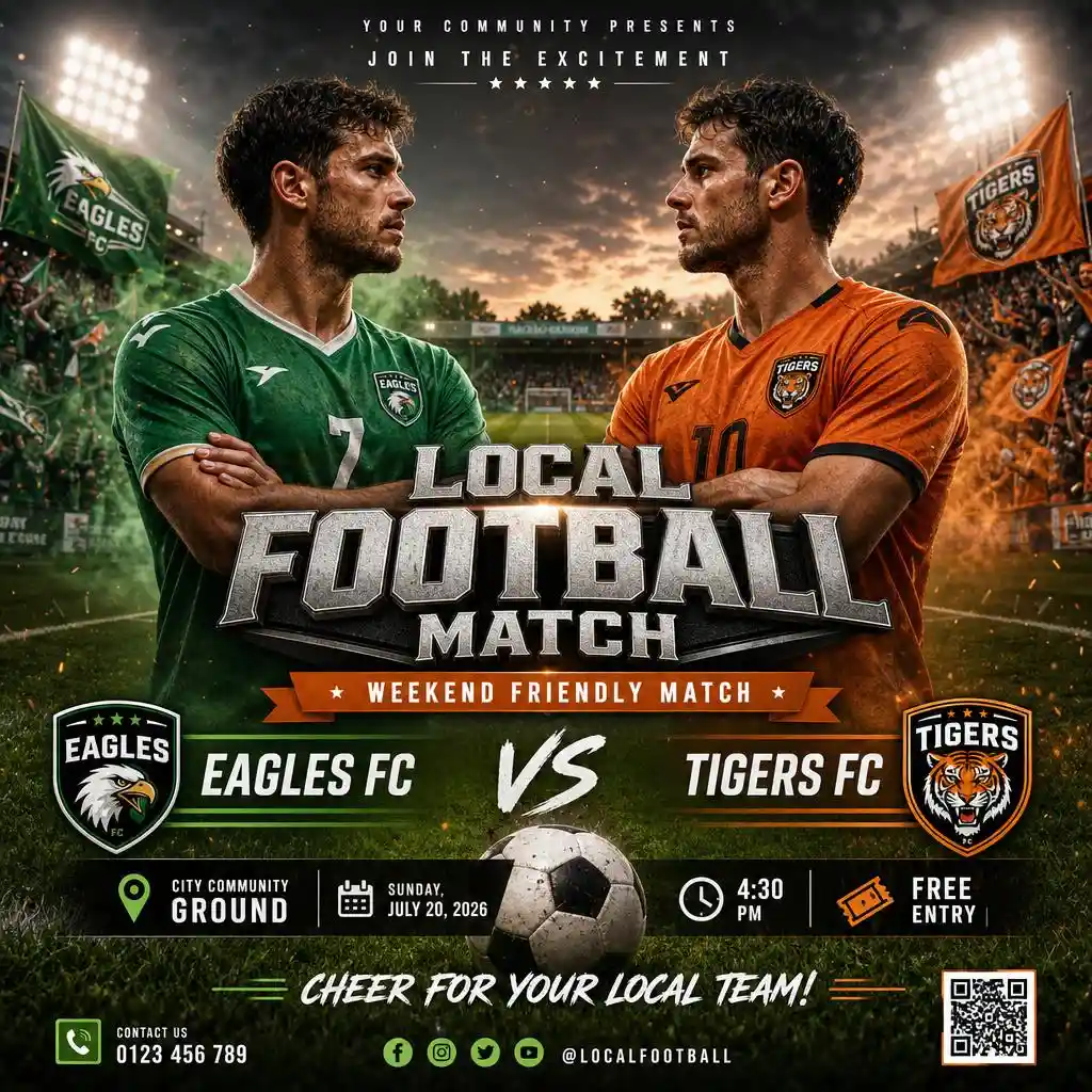 Local football match poster featuring two rival players before kick-off.