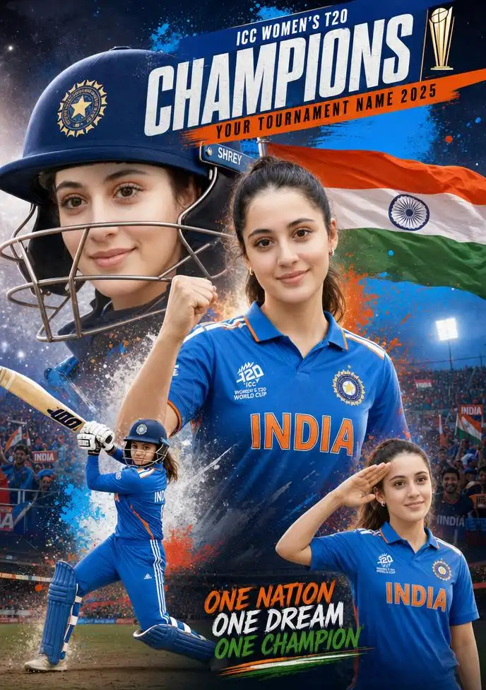 Championship cricket collage with Indian flag and celebrations.