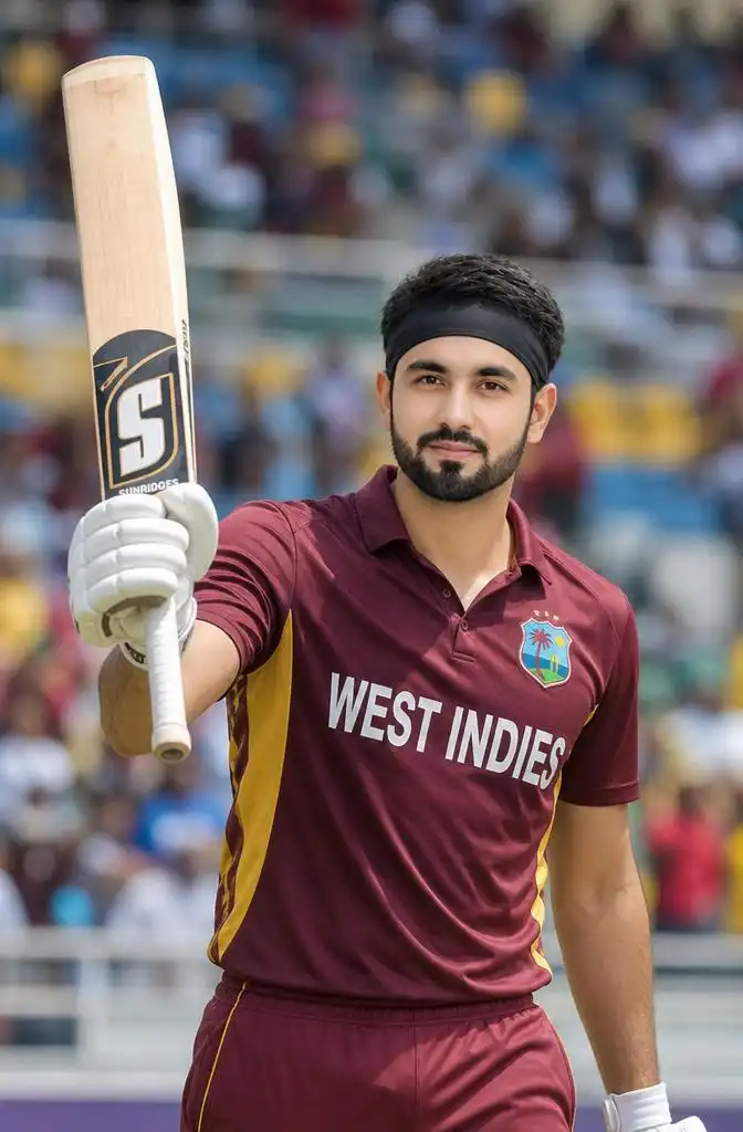 Personalized West Indies cricket player portrait celebrating a century with raised bat in a bright stadium.