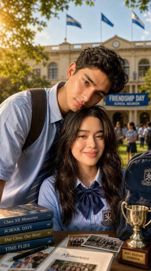 A boy and girl best friend reuniting at their old school surrounded by books, trophies, and school memories.