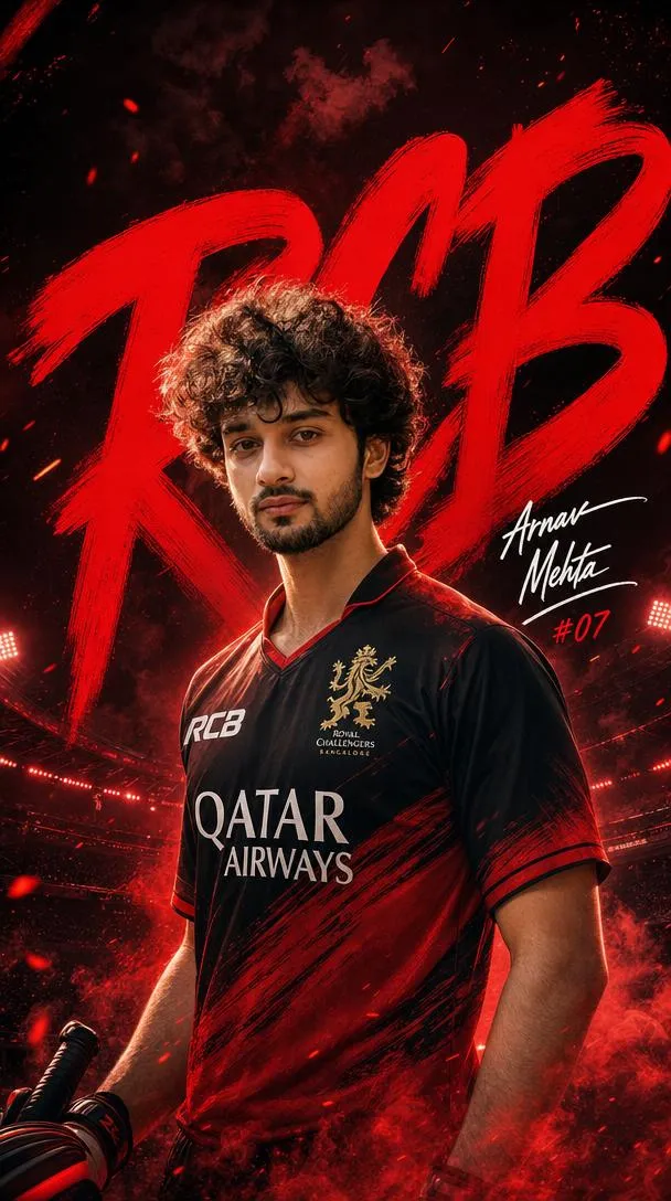 Bold cricket poster with black and red team jersey.