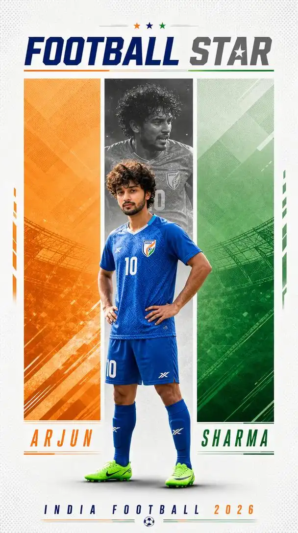 Modern football player hero poster with clean geometric design.