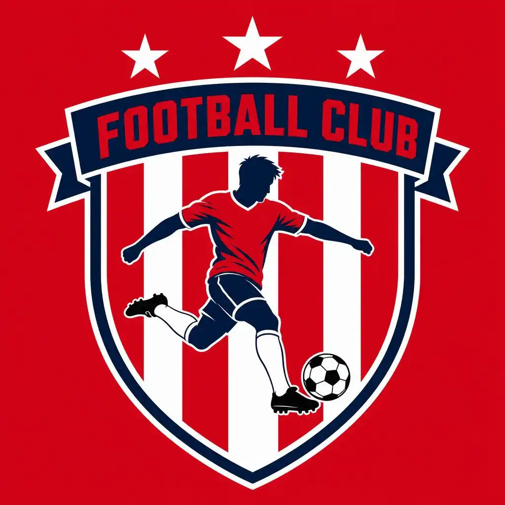 Bold football club logo with player silhouette and shield badge.